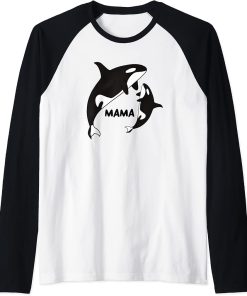 Orca Mama with Cub, Ocean Animal, Whale Raglan Baseball Tee