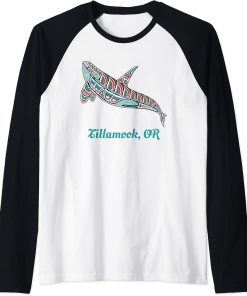 Tillamook, Oregon Upward Orca Killer Whale Native American Raglan Baseball Tee