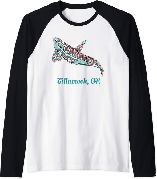 Tillamook, Oregon Upward Orca Killer Whale Native American Raglan Baseball Tee