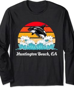 Vintage Huntington Beach CA Distressed Orca Killer Whale Art Long Sleeve T-Shirt