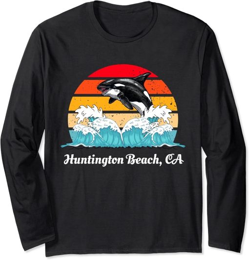 Vintage Huntington Beach CA Distressed Orca Killer Whale Art Long Sleeve T-Shirt