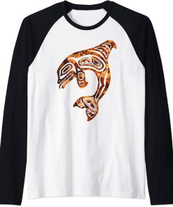 Orca Killer Whale Pacific Northwest Fall Color Autumn Leaves Raglan Baseball Tee