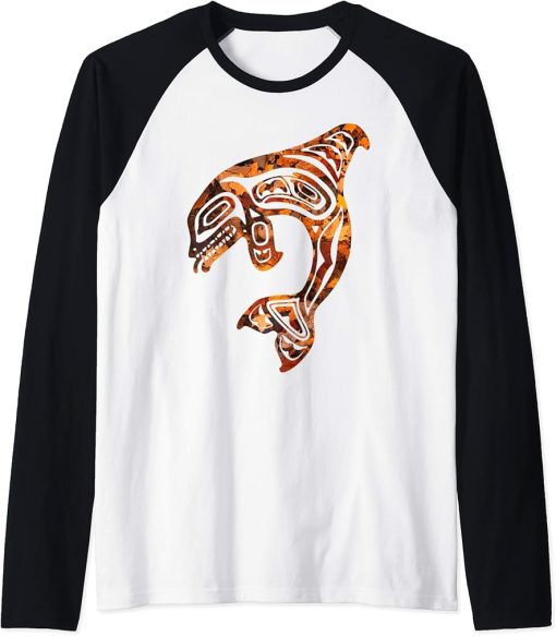 Orca Killer Whale Pacific Northwest Fall Color Autumn Leaves Raglan Baseball Tee