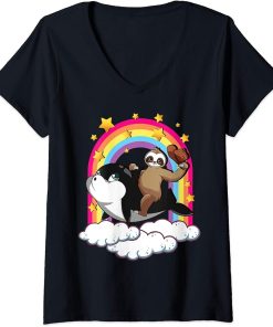 Womens Funny Cowboy Sloth Riding Orca Whale Rainbow Kids Teen V-Neck T-Shirt