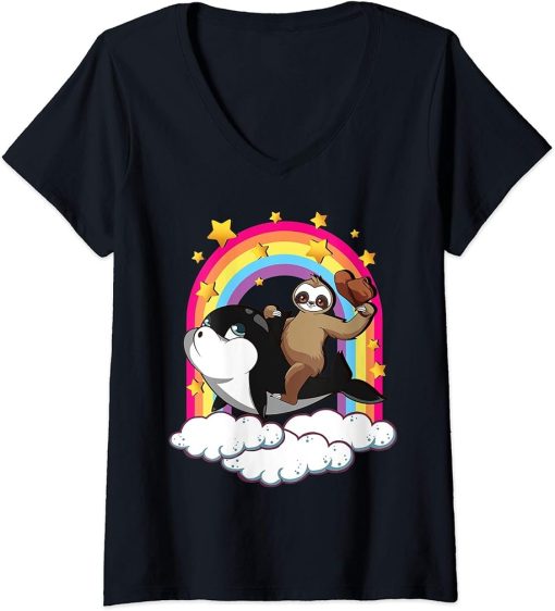 Womens Funny Cowboy Sloth Riding Orca Whale Rainbow Kids Teen V-Neck T-Shirt