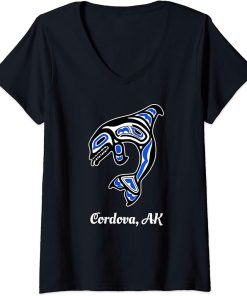 Womens Blue Native American Cordova AK Tribal Orca Killer Whale V-Neck T-Shirt