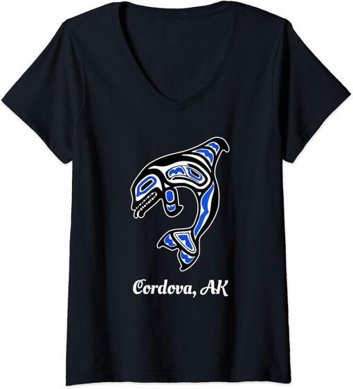 Womens Blue Native American Cordova AK Tribal Orca Killer Whale V-Neck T-Shirt